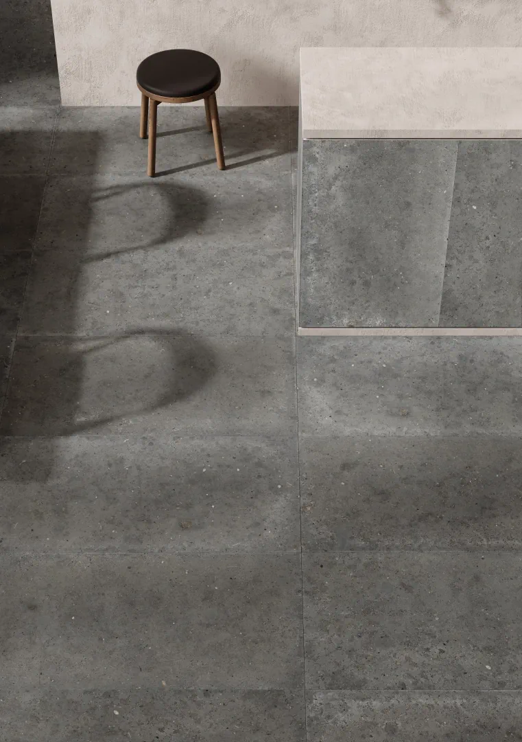 Gres Iris WHOLE STONE efekt kamień - aranzacja w nowoczesnym salonie