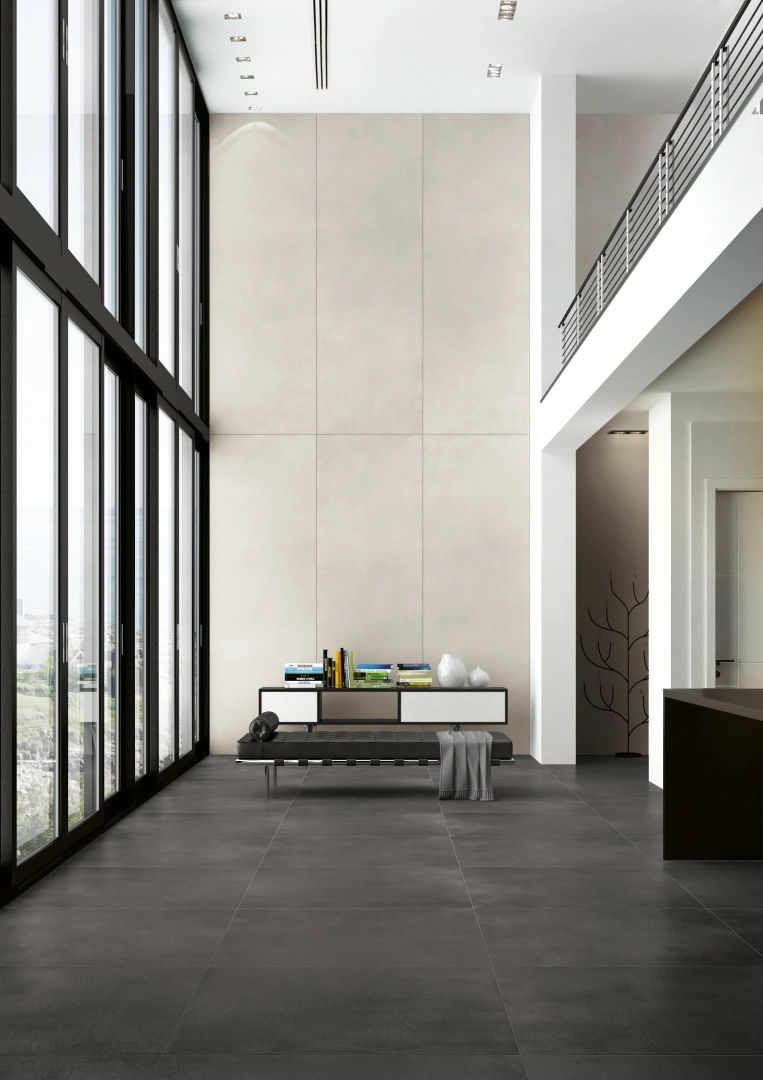 Gres Iris AVENUE XXL efekt beton - aranzacja w przestronnym holu