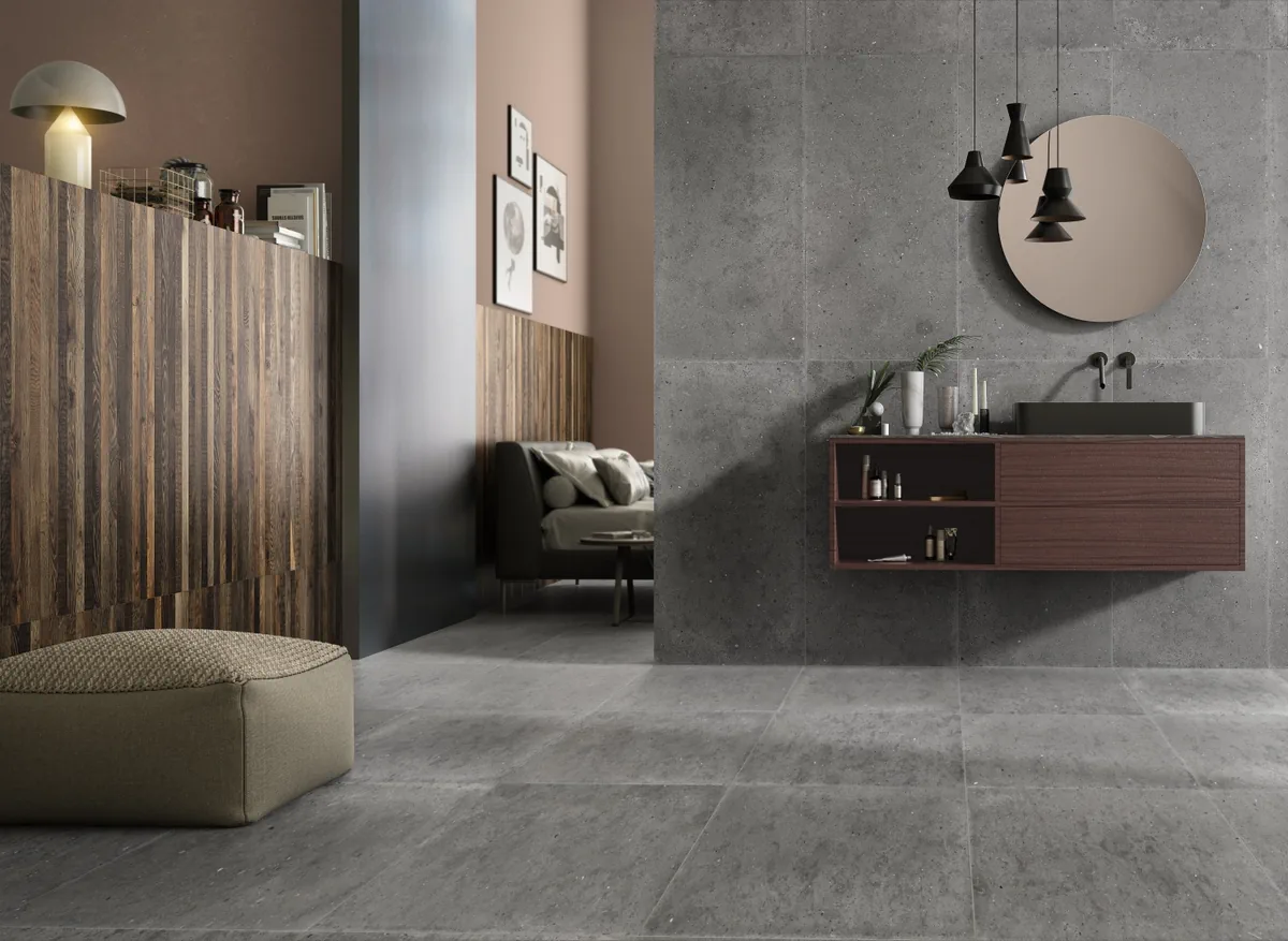 Gres Iris WHOLE STONE efekt kamień - aranzacja w eleganckiej lazience