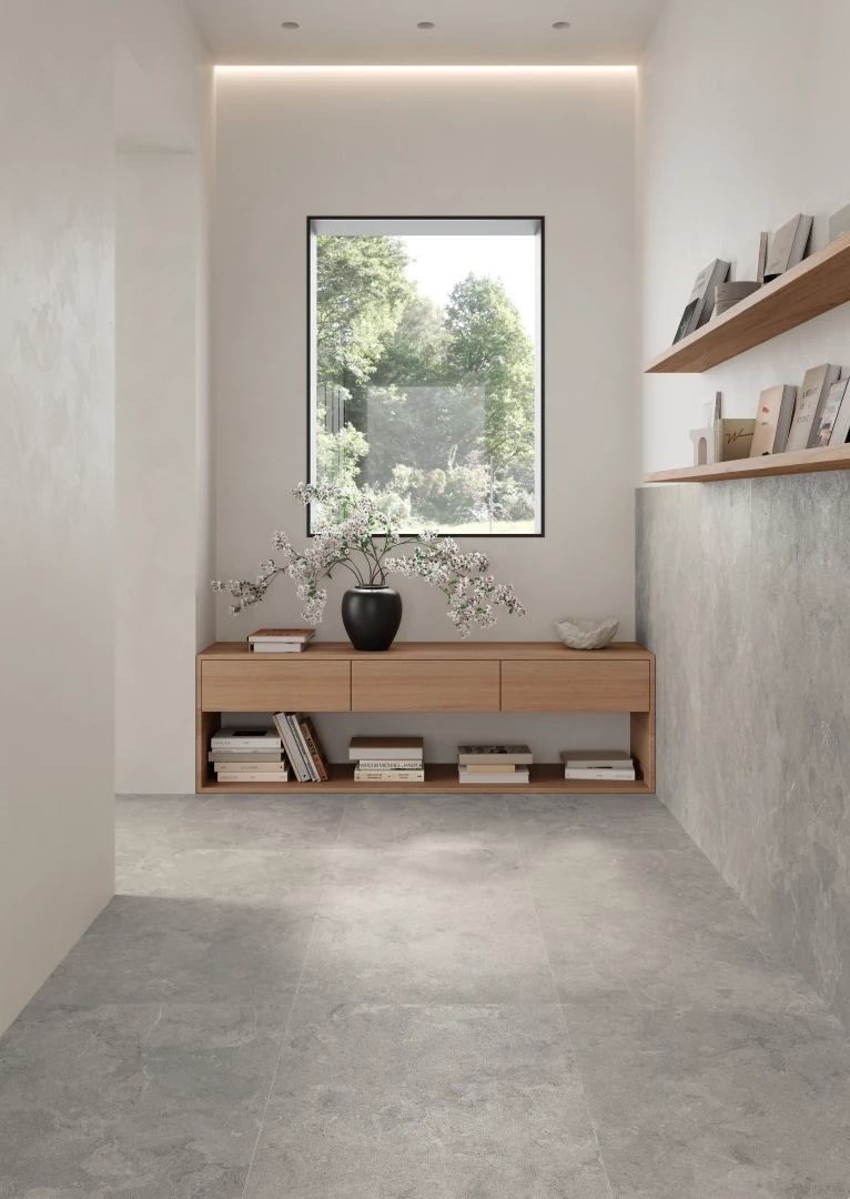 Gres Iris PIETRA DI SCIARA efekt kamień - aranzacja w minimalistycznym wnetrzu