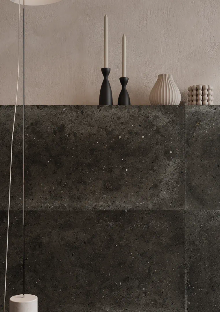 Gres Iris WHOLE STONE efekt kamień - aranzacja w minimalistycznym wnetrzu