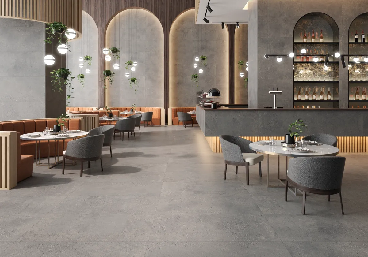 Gres Kerben UNDERGROUND efekt beton - aranzacja w przy kominku