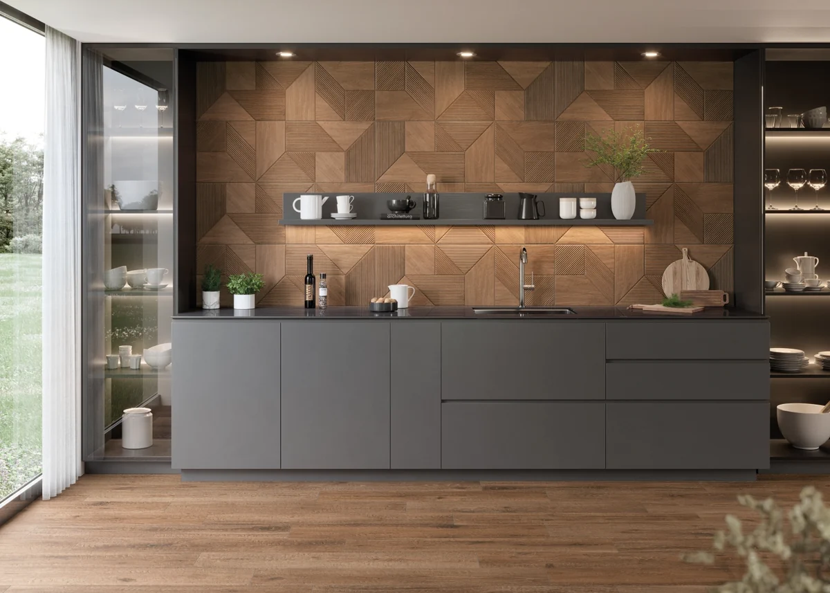 Gres Kerben NATURWOOD efekt drewno - aranzacja w korytarzu z naturalnym swiatlem