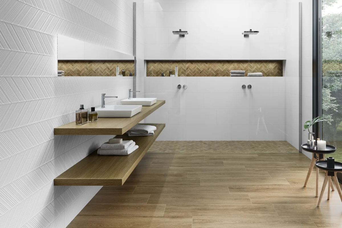 Gres Kerben SUPERWHITE efekt kolor - aranzacja w nowoczesnym salonie