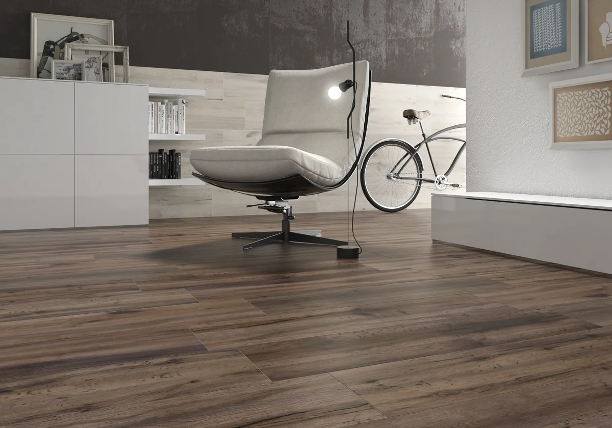 Gres Kerben PORTOBELLO efekt drewno - aranzacja w minimalistycznym wnetrzu