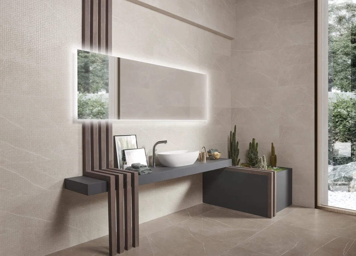 Gres Kerben INARI efekt marmur - aranzacja w eleganckiej lazience