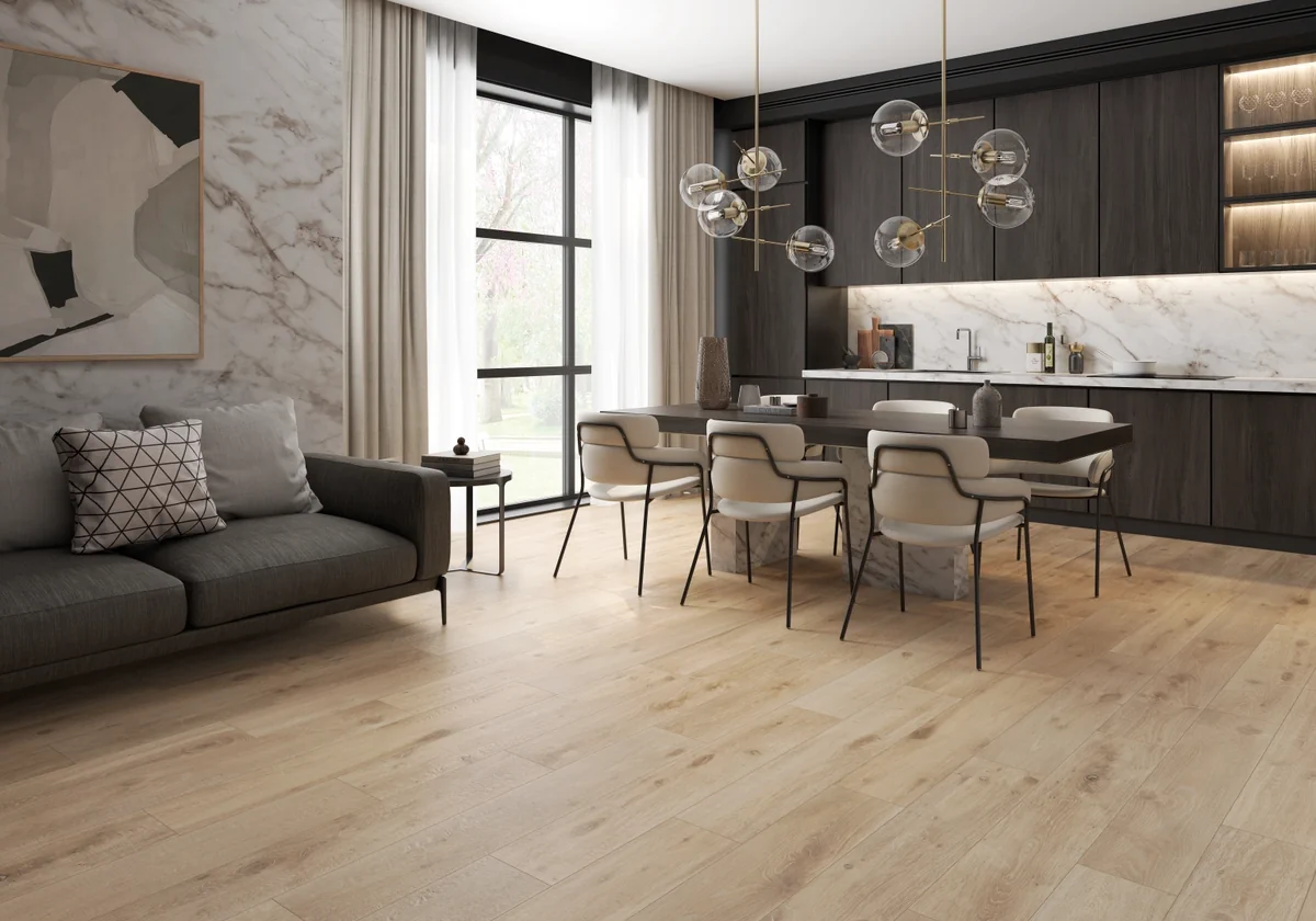 Gres Kerben NATURWOOD efekt drewno - aranzacja w nowoczesnym salonie