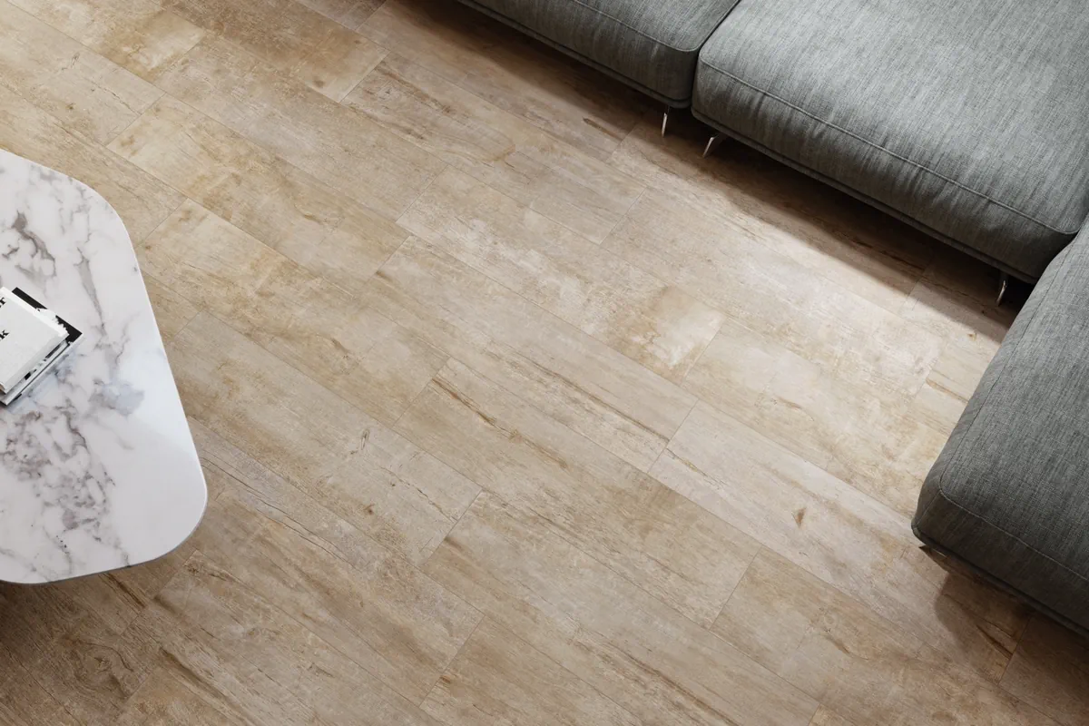 Gres Kerben LENDA efekt drewno - aranzacja w eleganckiej lazience