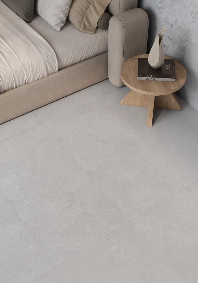 Gres Kerben ETERNIA efekt beton - aranzacja w przestronnym holu