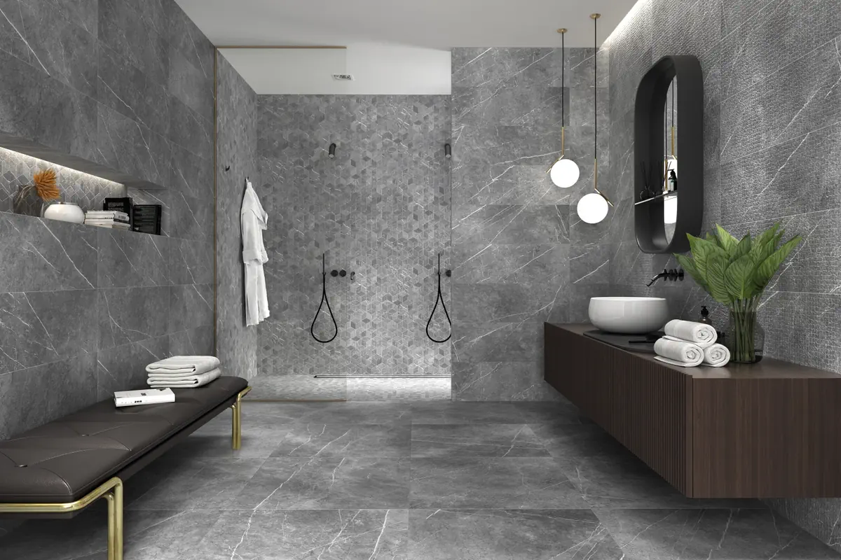 Gres Kerben INARI efekt marmur - aranzacja w eleganckiej lazience