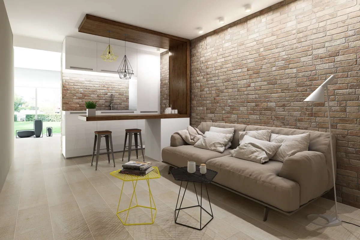 Gres Kerben WALL BRICK efekt cegła - aranzacja w nowoczesnym salonie