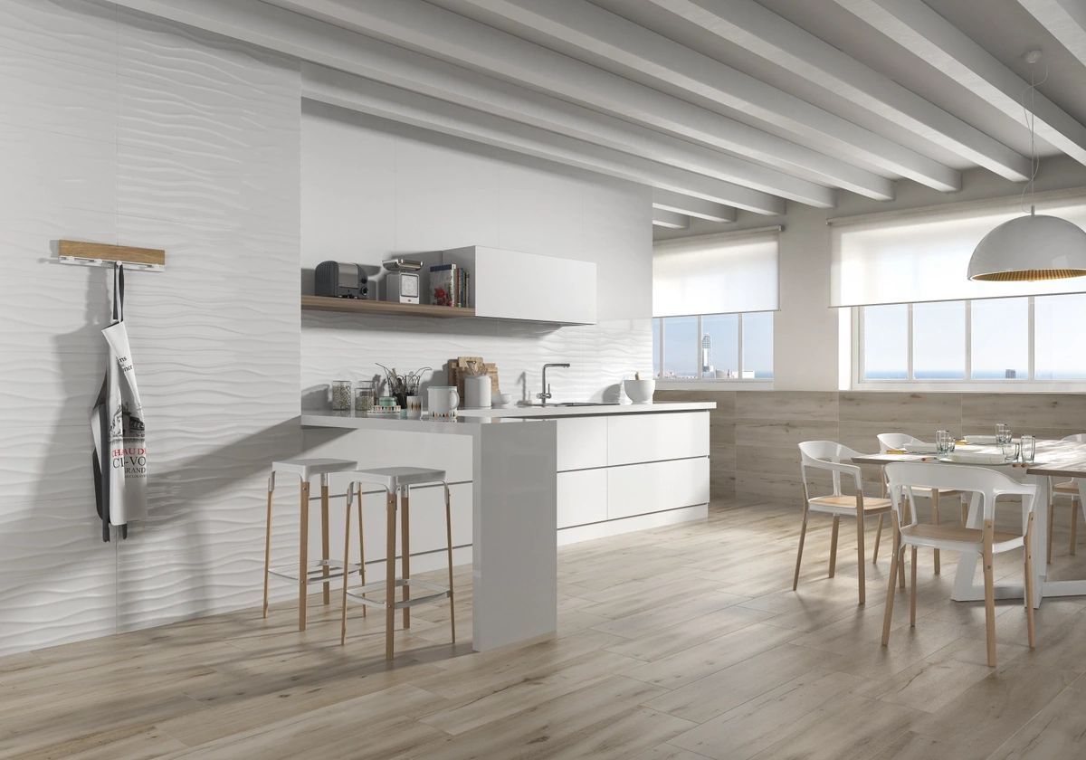 Gres Kerben PORTOBELLO efekt drewno - aranzacja w nowoczesnym salonie