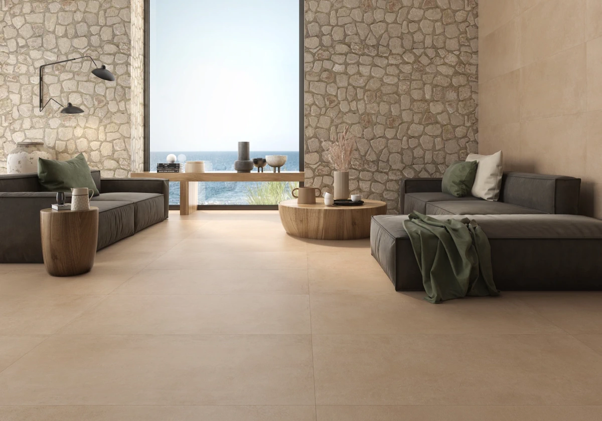 Gres Kerben TERRACOTA efekt kolor - aranzacja w nowoczesnym salonie