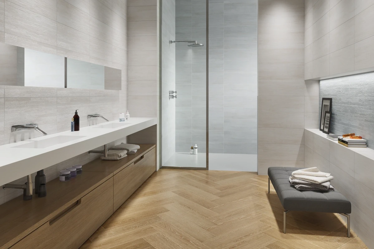 Gres Kerben HANKO efekt beton - aranzacja w eleganckiej lazience
