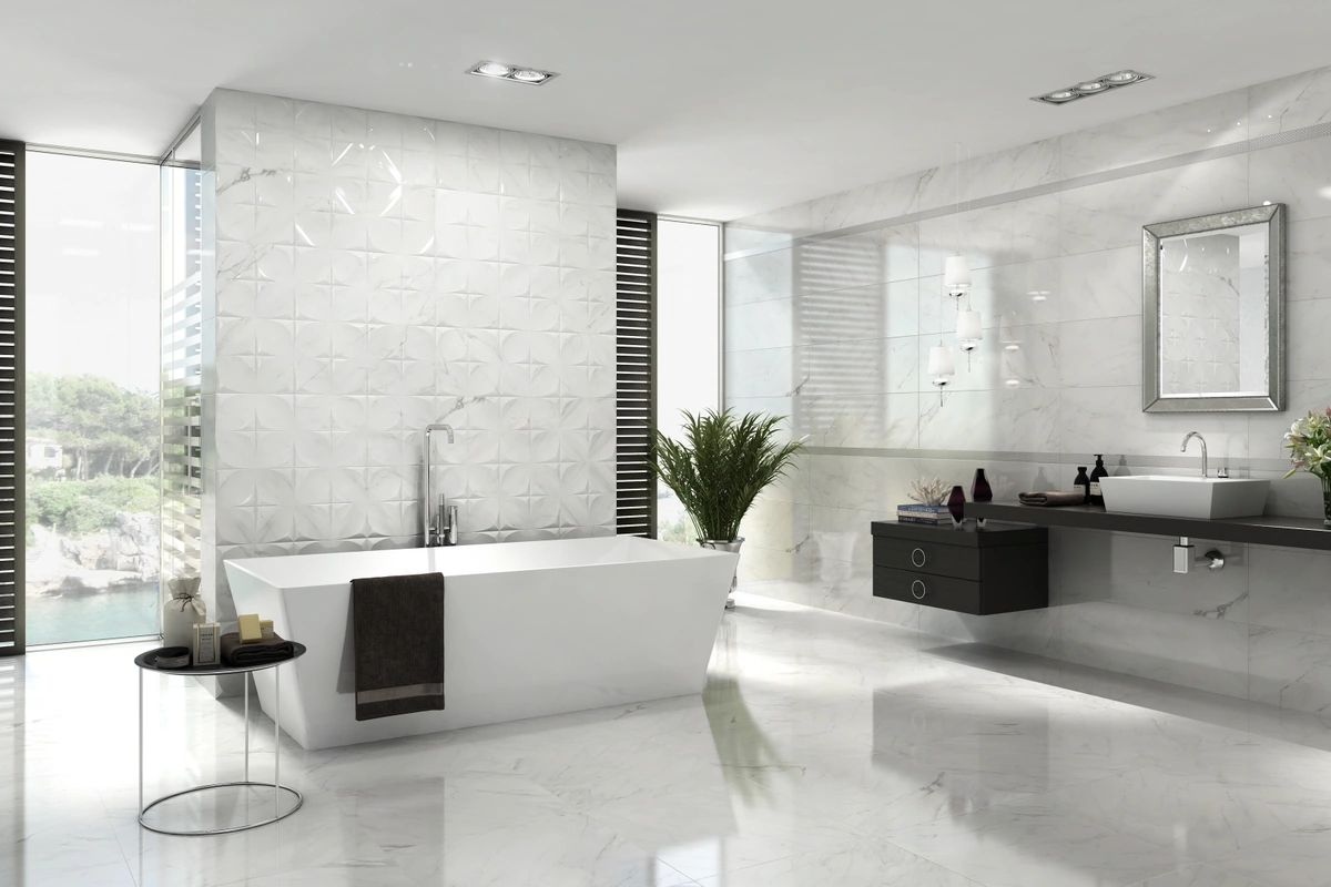 Gres Kerben EVOQUE efekt marmur - aranzacja w eleganckiej lazience