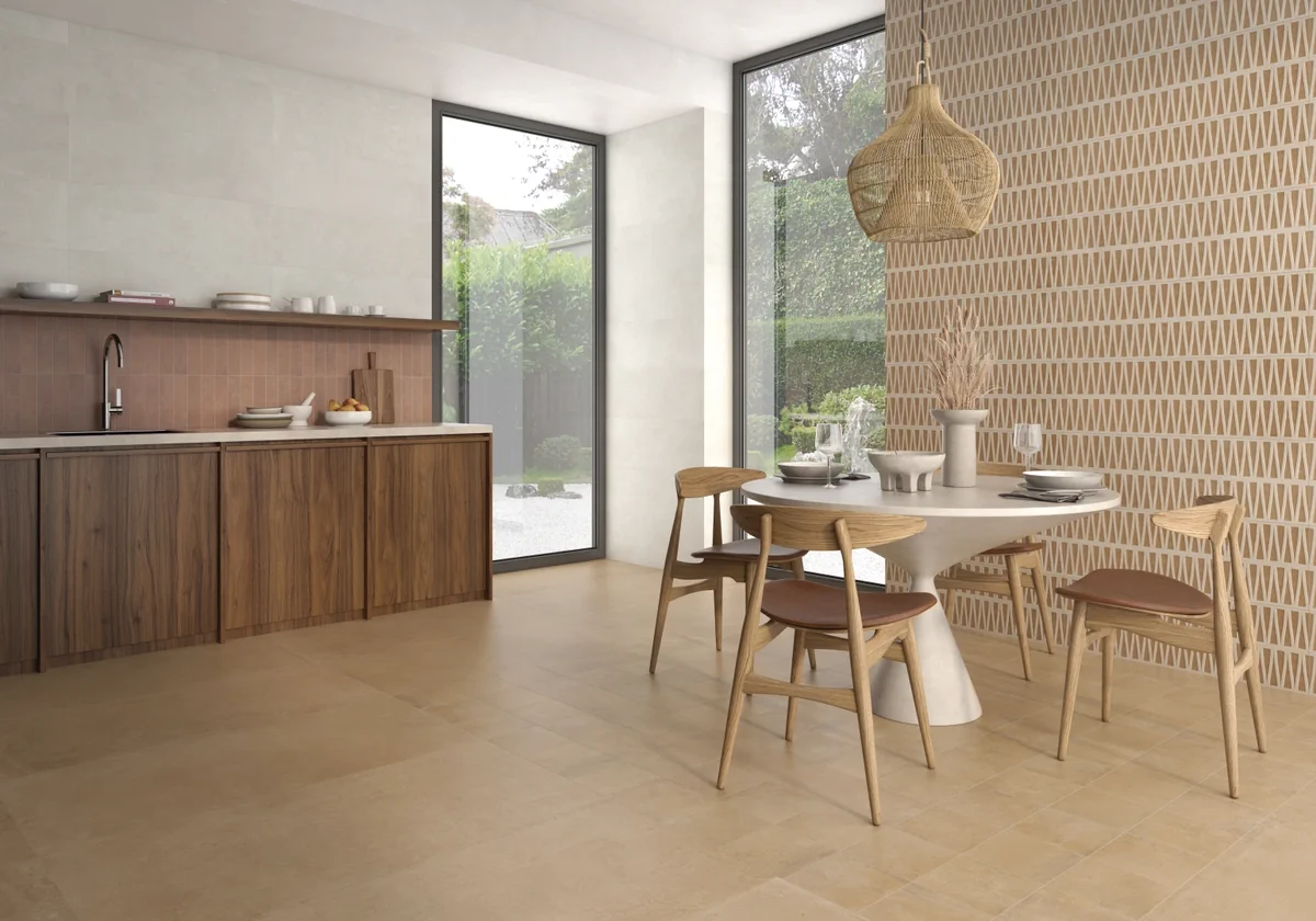 Gres Kerben TERRACOTA efekt kolor - aranzacja w minimalistycznym wnetrzu
