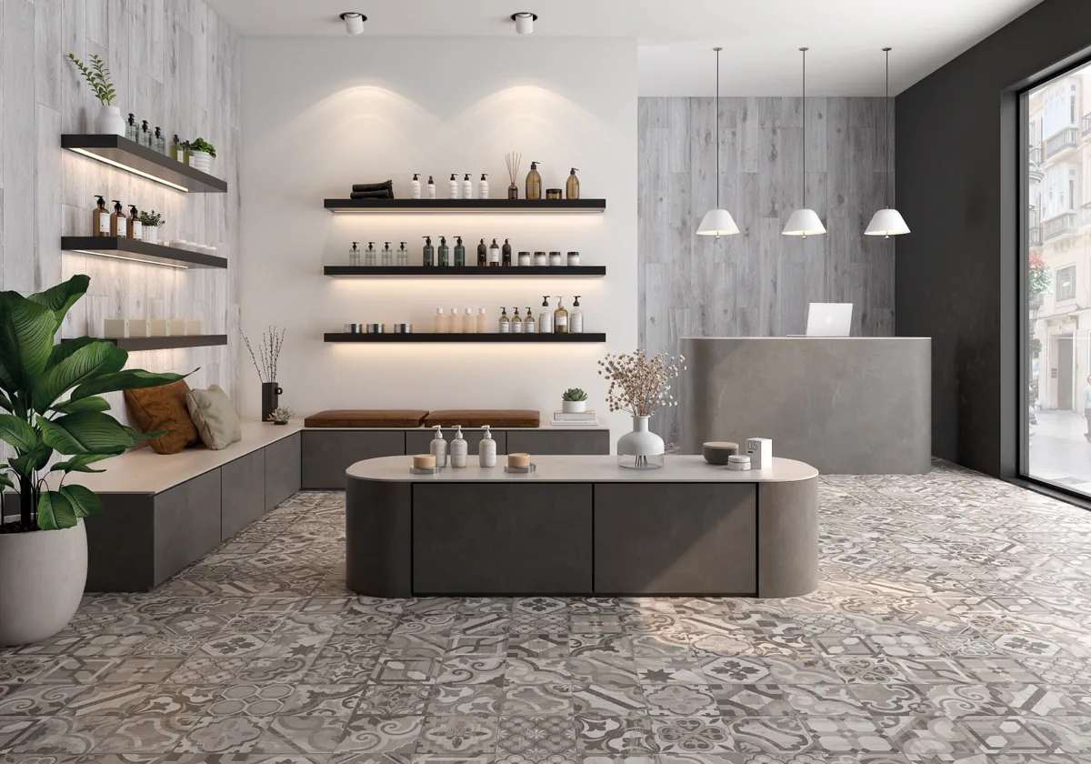 Gres Kerben NATURWOOD efekt drewno - aranzacja w nowoczesnym salonie