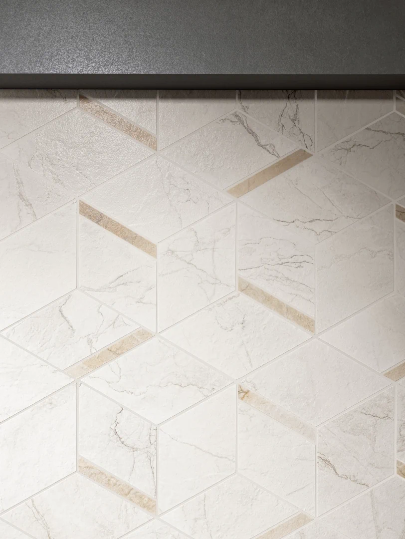 Gres La Fabbrica Ava BOLGHERI STONE efekt marmur - aranzacja w minimalistycznym wnetrzu