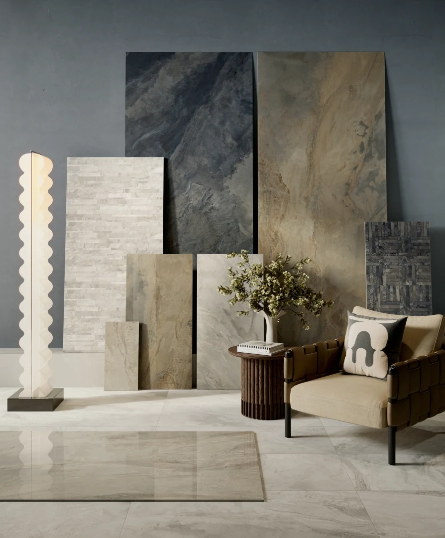 Gres La Fabbrica Ava DEEP STONE efekt kamień - aranzacja w przestronnym holu