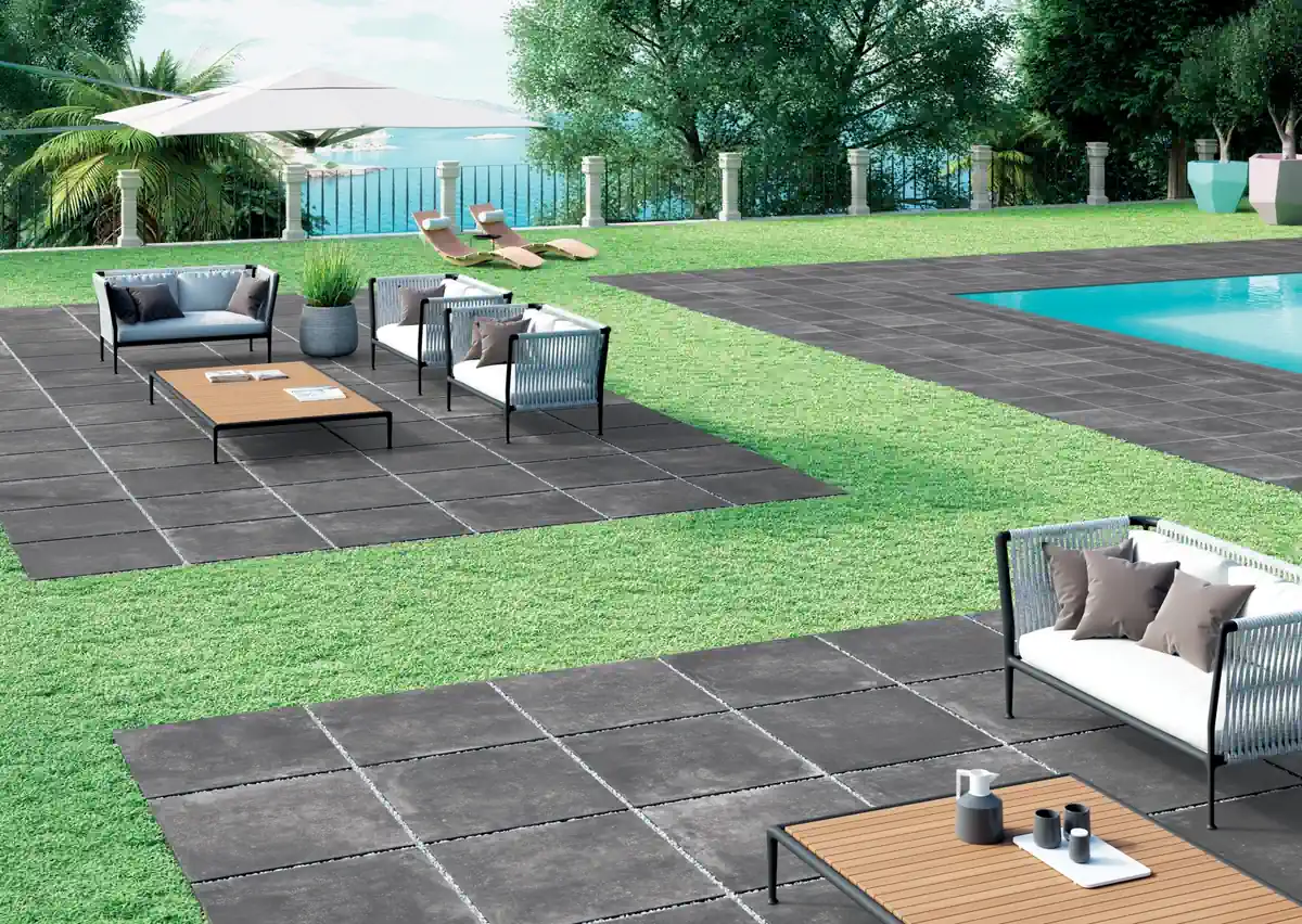 Gres La Fabbrica Ava BLUE EVOLUTION efekt kamień - aranzacja w nowoczesnym salonie