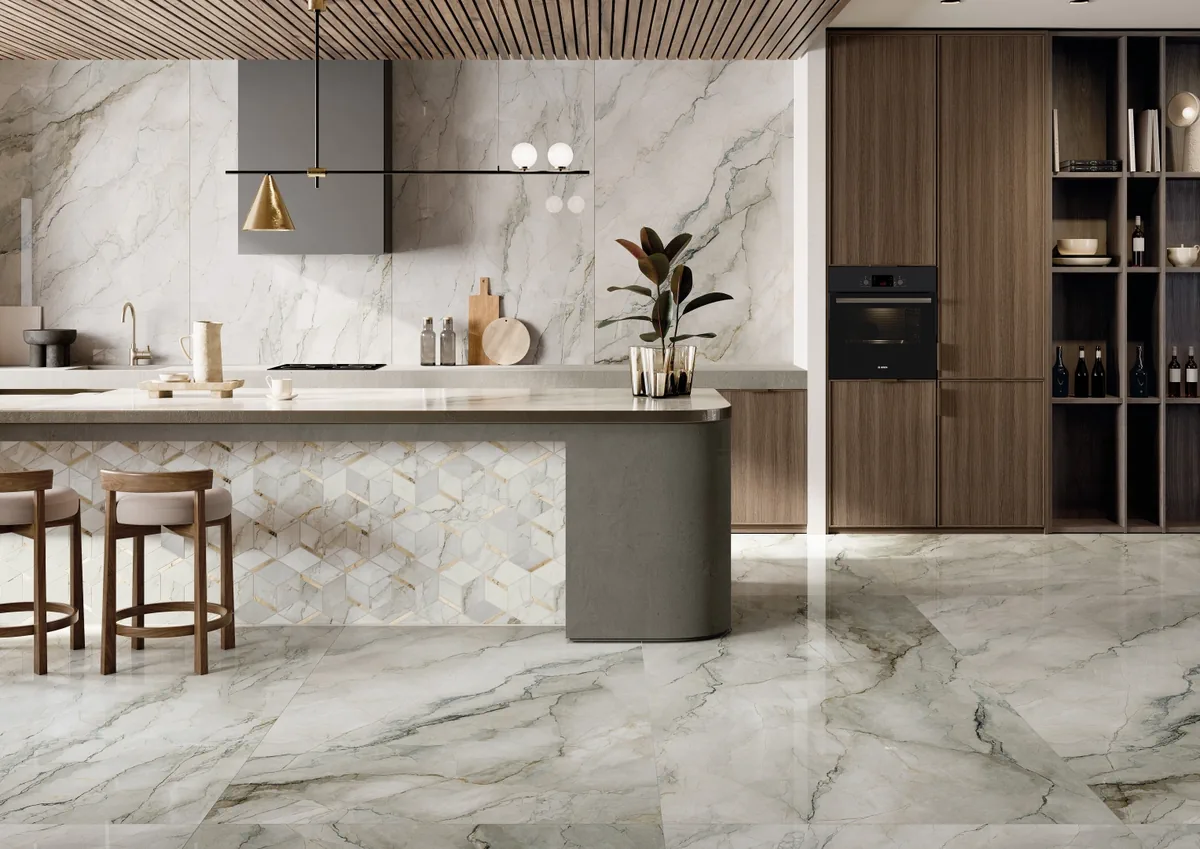 Gres La Fabbrica Ava BOLGHERI STONE efekt marmur - aranzacja w nowoczesnym salonie