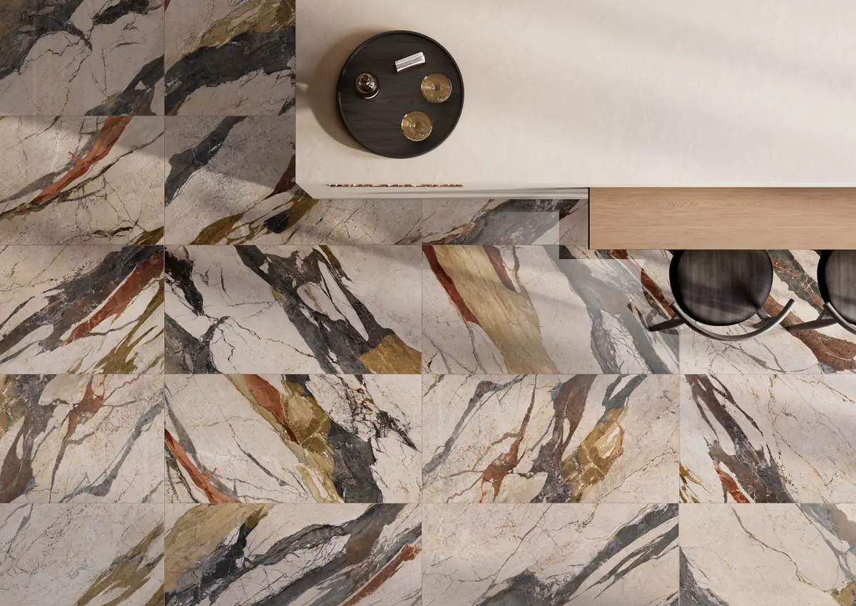 Gres La Fabbrica Ava BRECCIA SICILIA efekt marmur - aranzacja w eleganckiej lazience