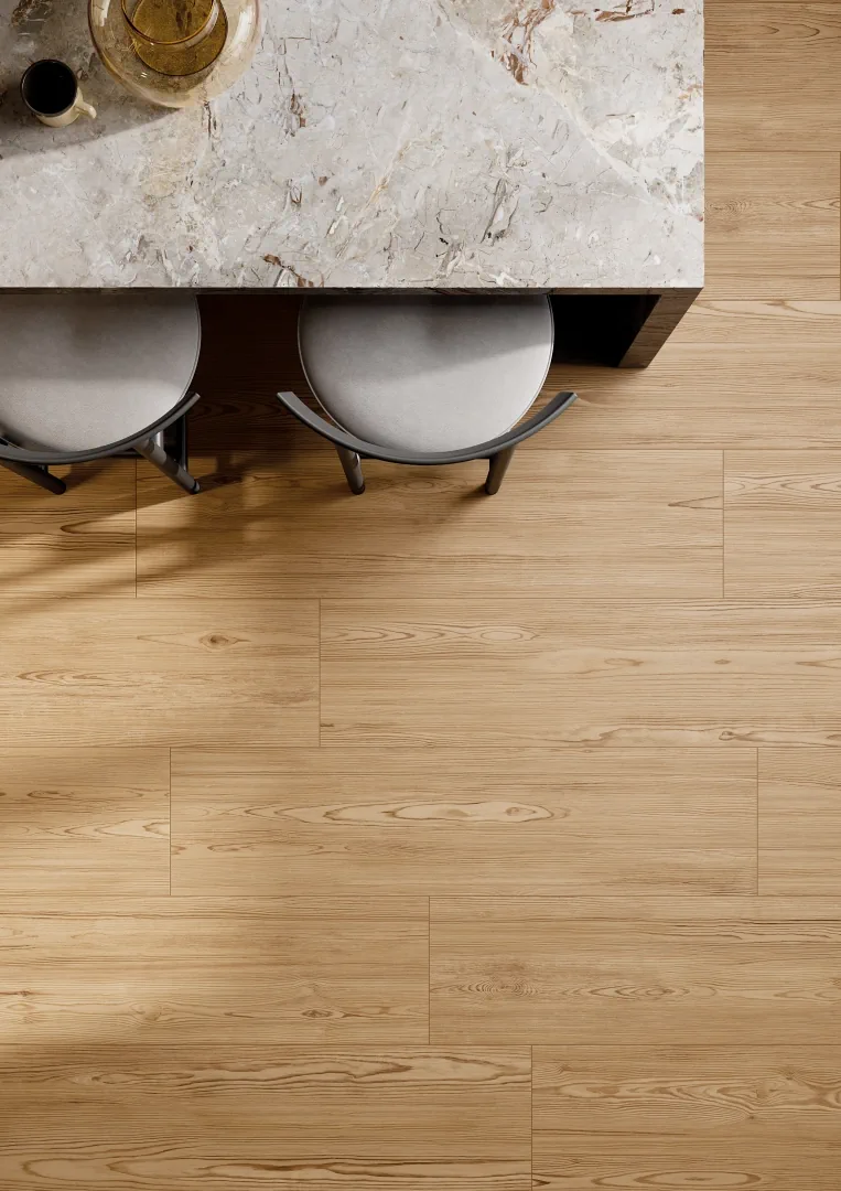 Gres La Fabbrica Ava HONEY WOOD efekt drewno, kamień - aranzacja w strefie dziennej z duzymi przeszkleniami