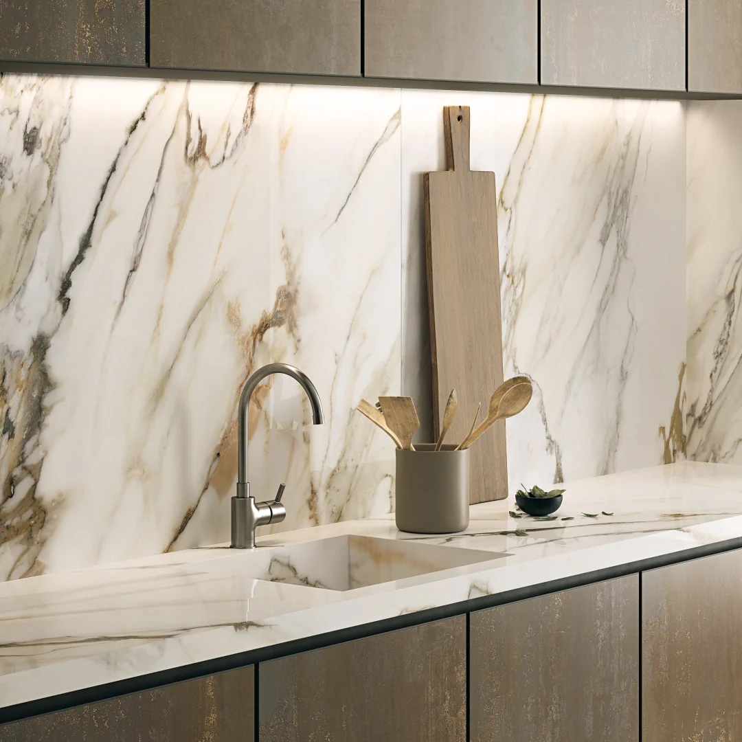 Gres La Fabbrica Ava MACCHIA ANTICA efekt marmur - aranzacja w eleganckiej lazience