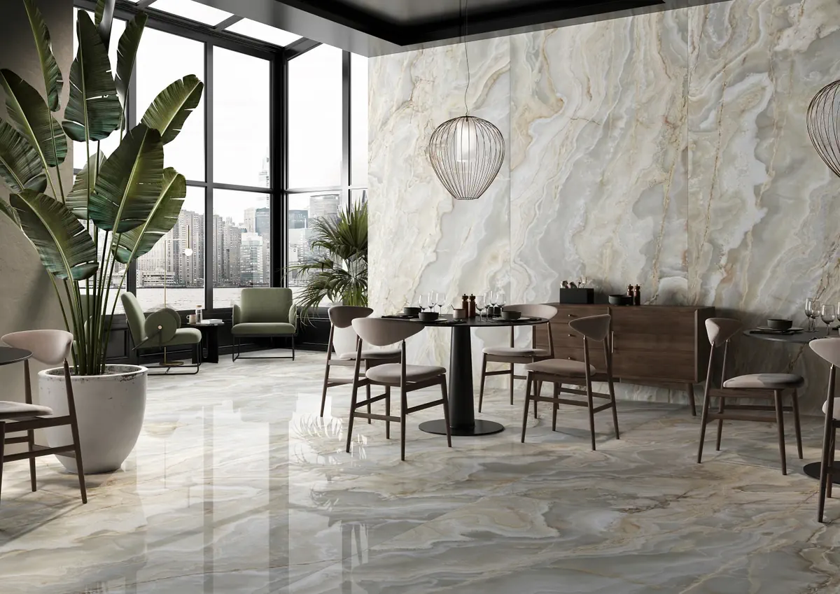 Gres La Fabbrica Ava ONICE IRIDE efekt marmur - aranzacja w eleganckiej lazience