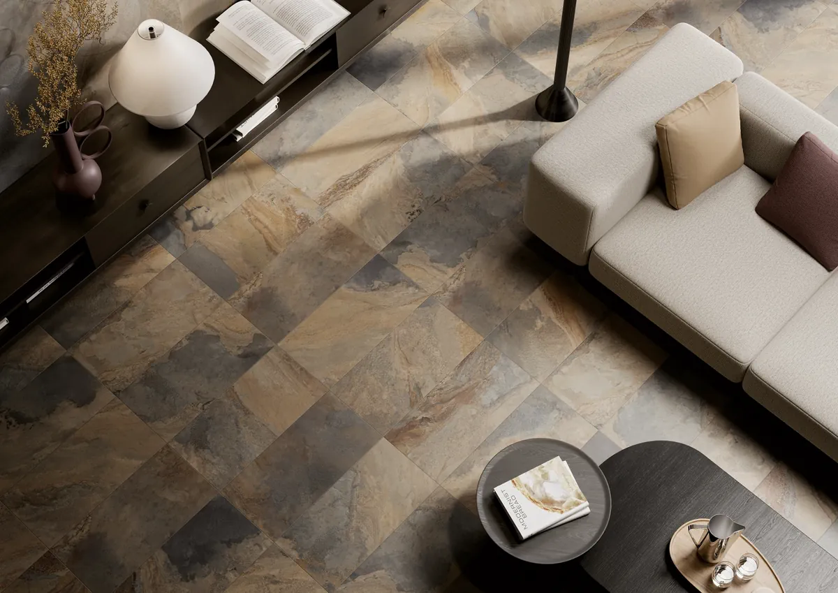 Gres La Fabbrica Ava DEEP STONE efekt kamień - aranzacja w strefie dziennej z duzymi przeszkleniami