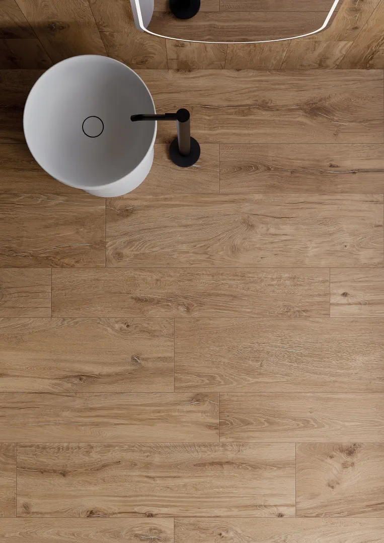 Gres La Fabbrica Ava HONEY WOOD efekt drewno, kamień - aranzacja w strefie dziennej z duzymi przeszkleniami
