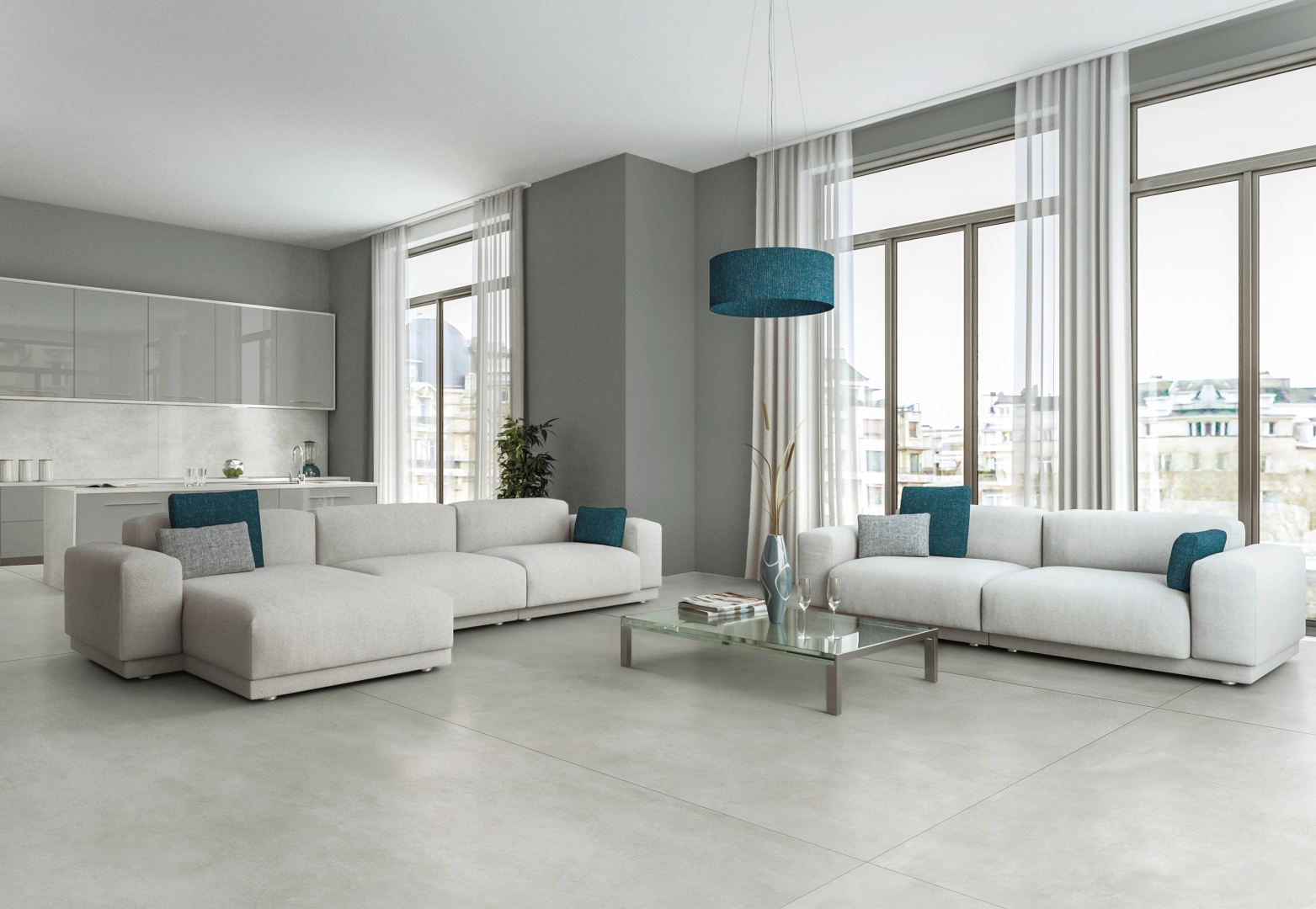 Gres La Fabbrica Ava SKYLINE efekt marmur - aranzacja w korytarzu z naturalnym swiatlem