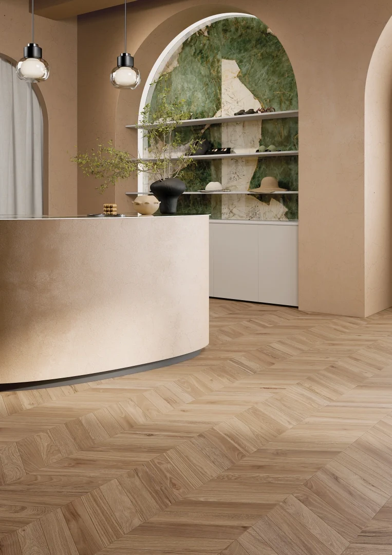 Gres La Fabbrica Ava HONEY WOOD efekt drewno, kamień - aranzacja w eleganckiej lazience