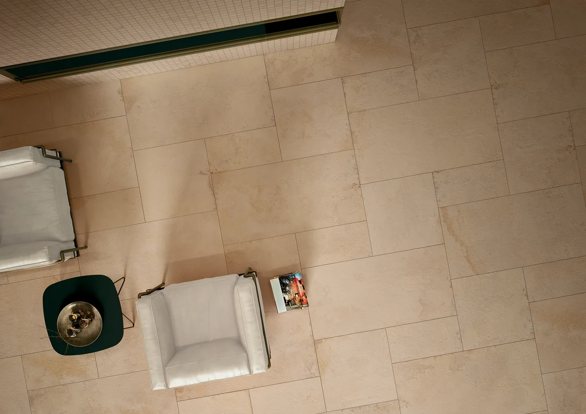 Gres La Fabbrica Ava ROYAL STONE efekt kamień - aranzacja w strefie dziennej z duzymi przeszkleniami