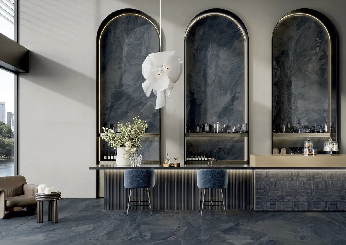 Gres La Fabbrica Ava DEEP STONE efekt kamień - aranzacja w strefie dziennej z duzymi przeszkleniami