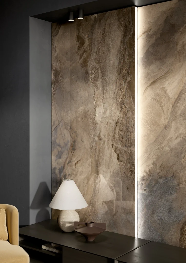 Gres La Fabbrica Ava DEEP STONE efekt kamień - aranzacja w minimalistycznym wnetrzu