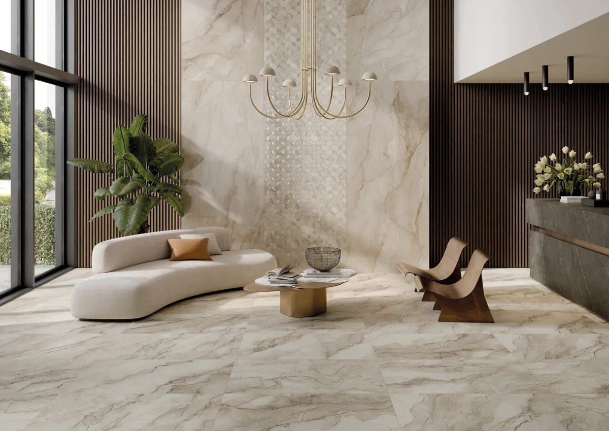 Gres La Fabbrica Ava BOLGHERI STONE efekt marmur - aranzacja w eleganckiej lazience