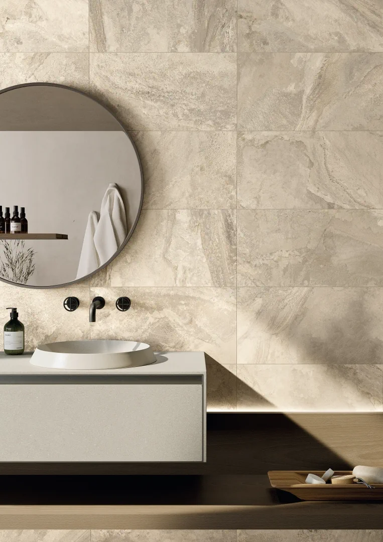 Gres La Fabbrica Ava DEEP STONE efekt kamień - aranzacja w minimalistycznym wnetrzu