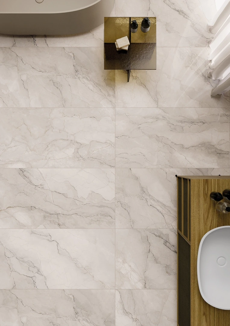 Gres La Fabbrica Ava BOLGHERI STONE efekt marmur - aranzacja w przy kominku