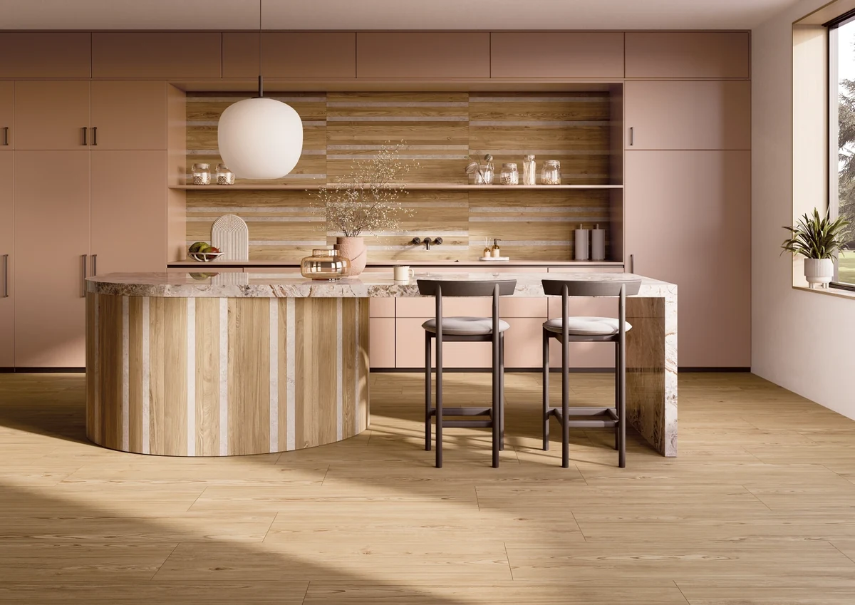 Gres La Fabbrica Ava HONEY WOOD efekt drewno, kamień - aranzacja w przestronnym holu