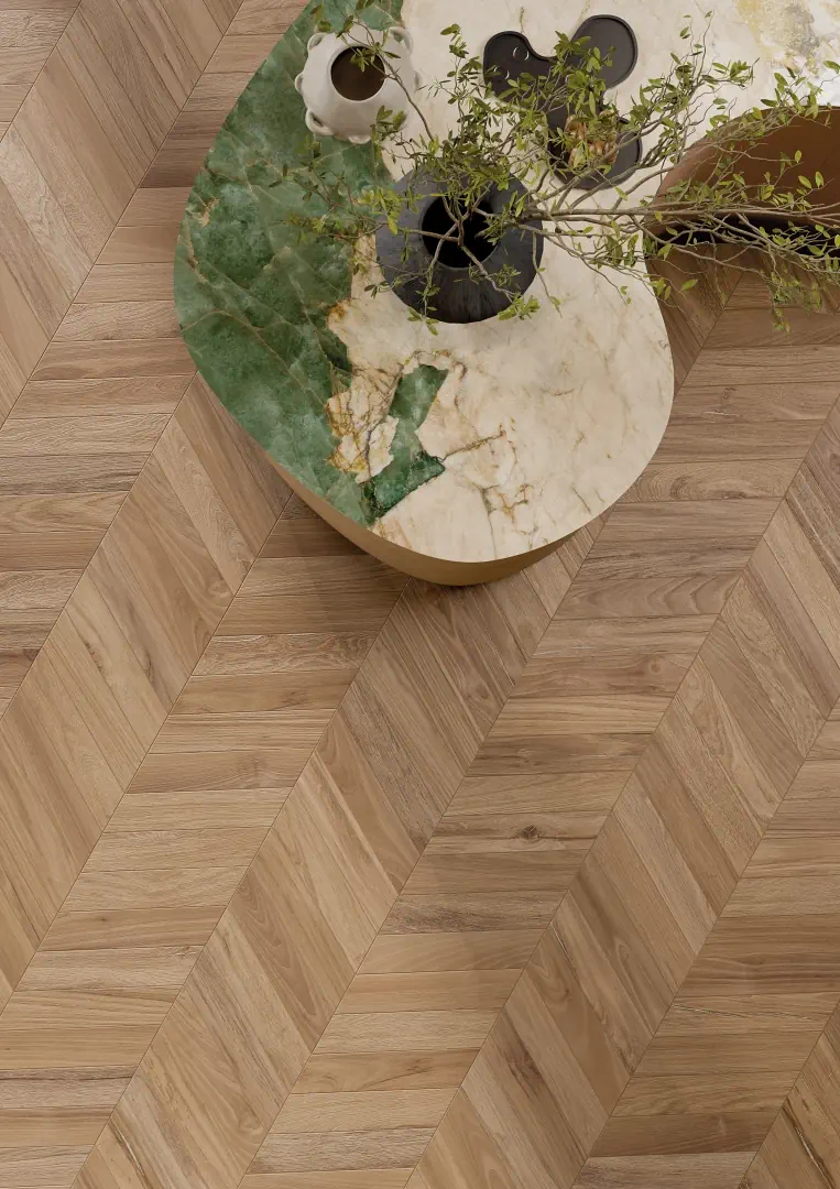 Gres La Fabbrica Ava HONEY WOOD efekt drewno, kamień - aranzacja w nowoczesnym salonie