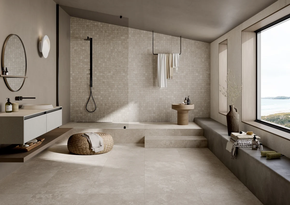 Gres La Fabbrica Ava CHIANCA efekt kamień - aranzacja w eleganckiej lazience