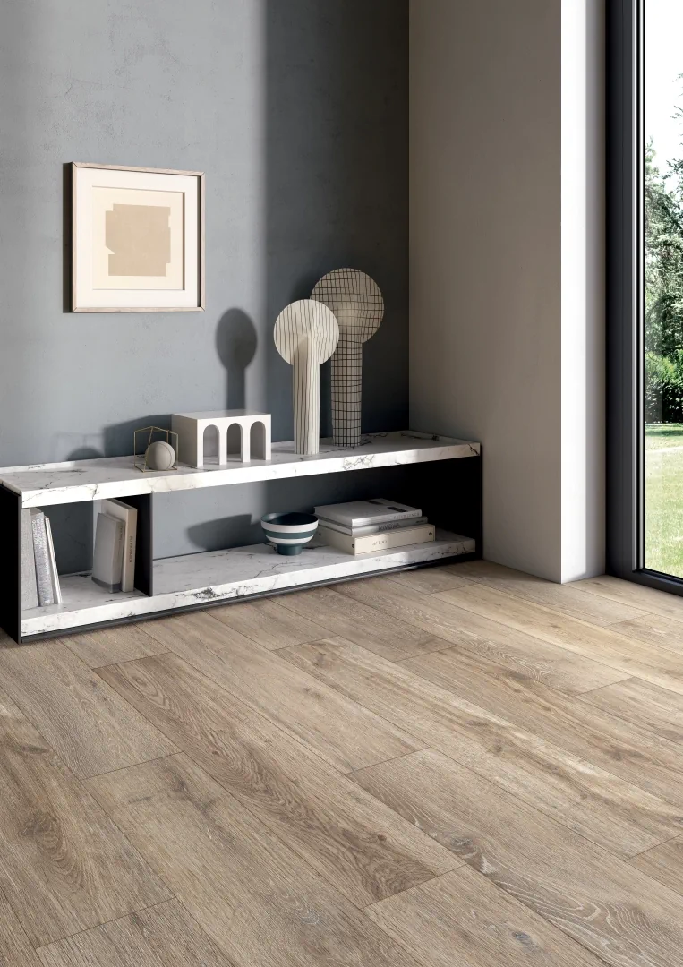 Gres Lea BIO ATTITUDE efekt drewno - aranzacja w minimalistycznym wnetrzu