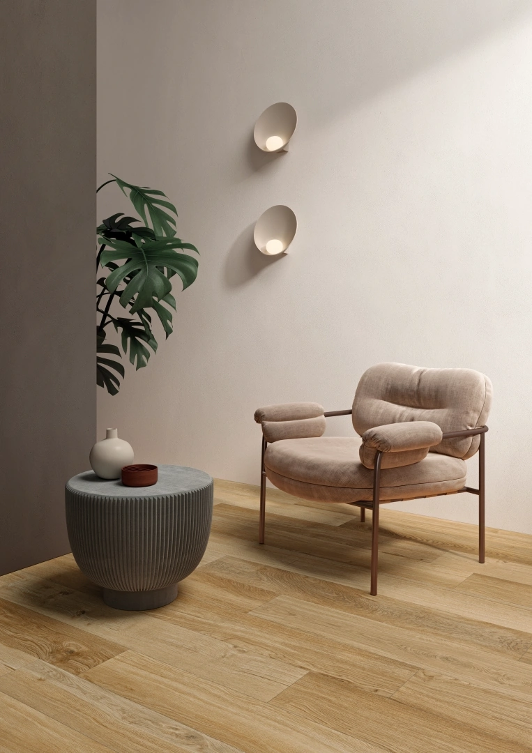 Gres Lea BIO SELECT efekt drewno - aranzacja w przy kominku