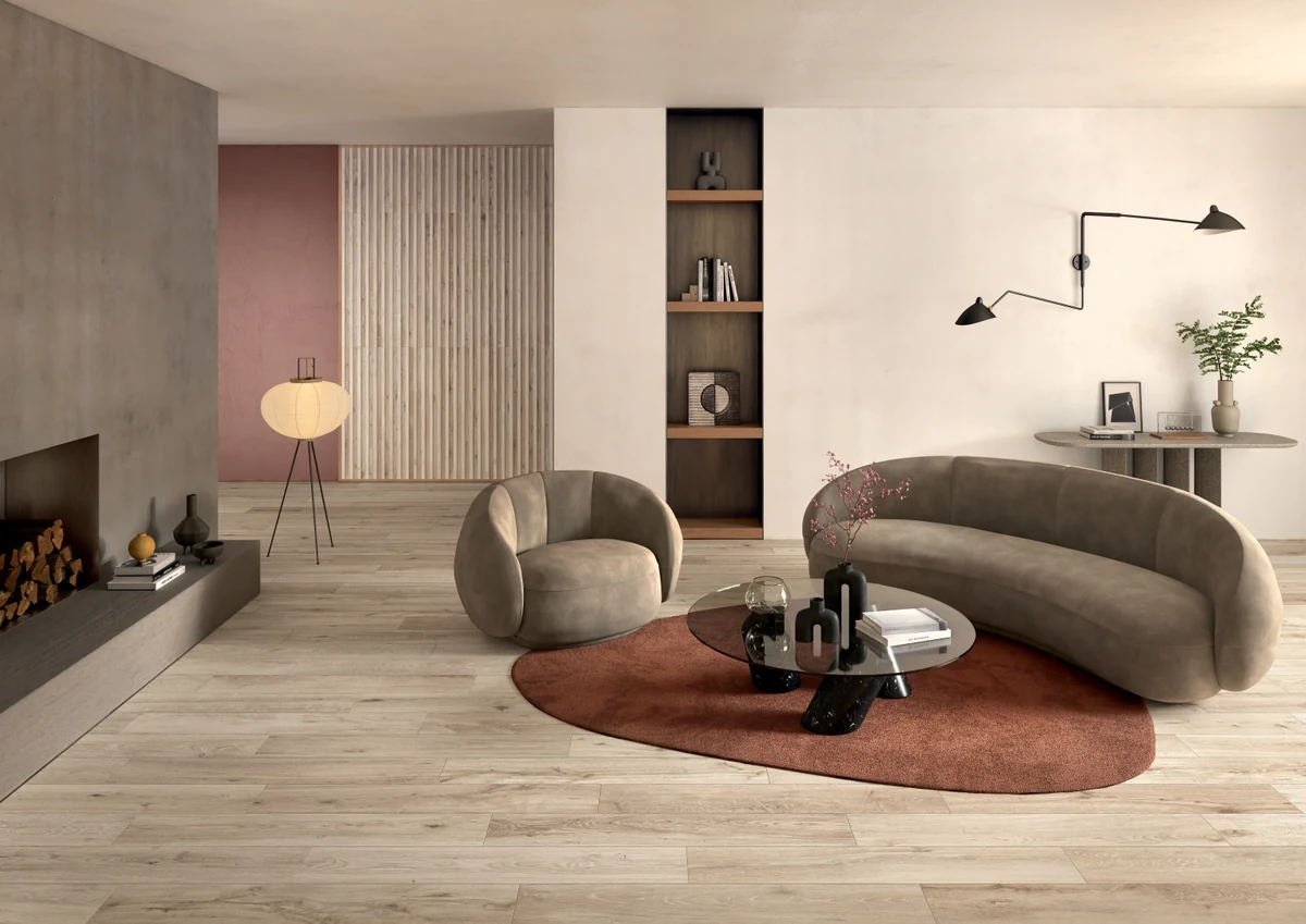 Gres Lea BIO ATTITUDE efekt drewno - aranzacja w eleganckiej lazience