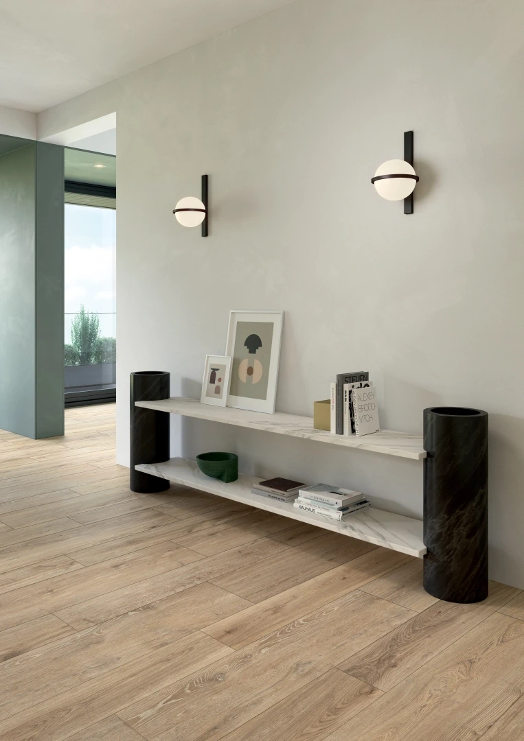 Gres Lea BIO ATTITUDE efekt drewno - aranzacja w eleganckiej lazience