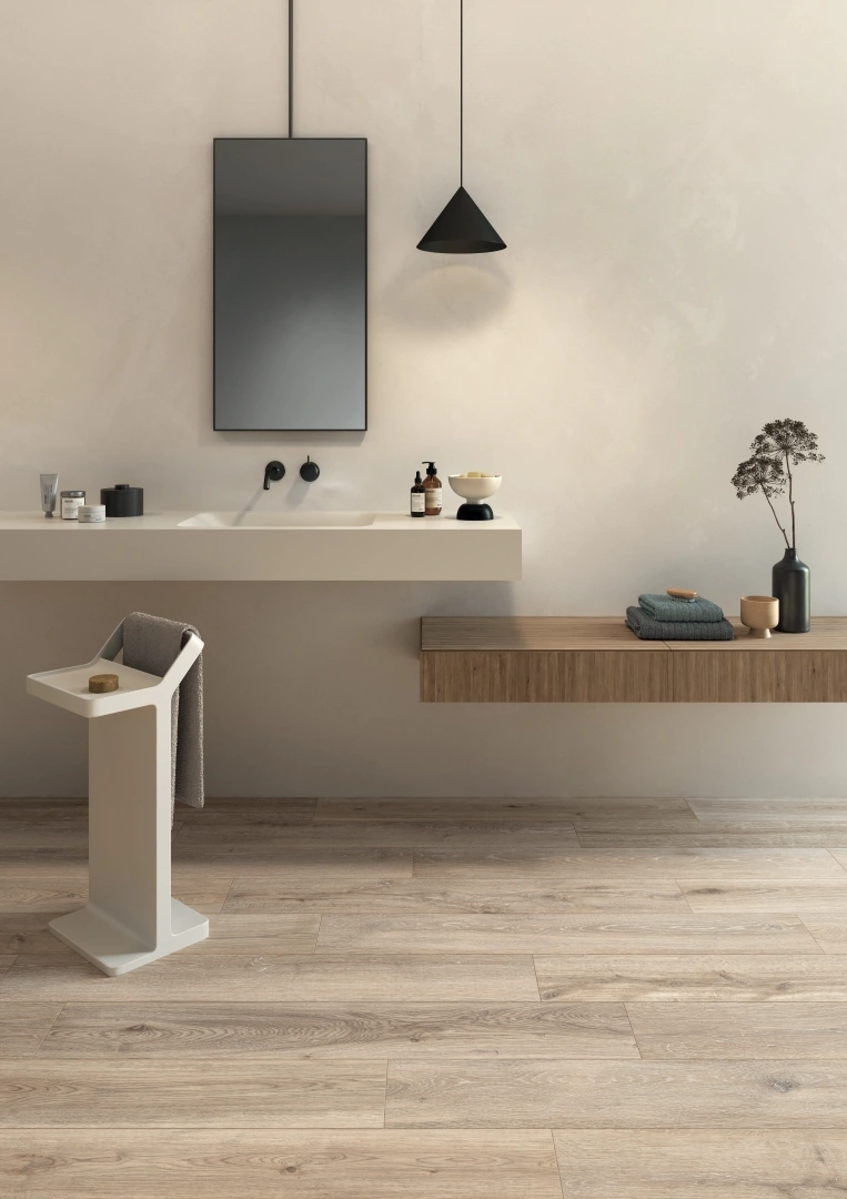 Gres Lea BIO ATTITUDE efekt drewno - aranzacja w przestronnym holu