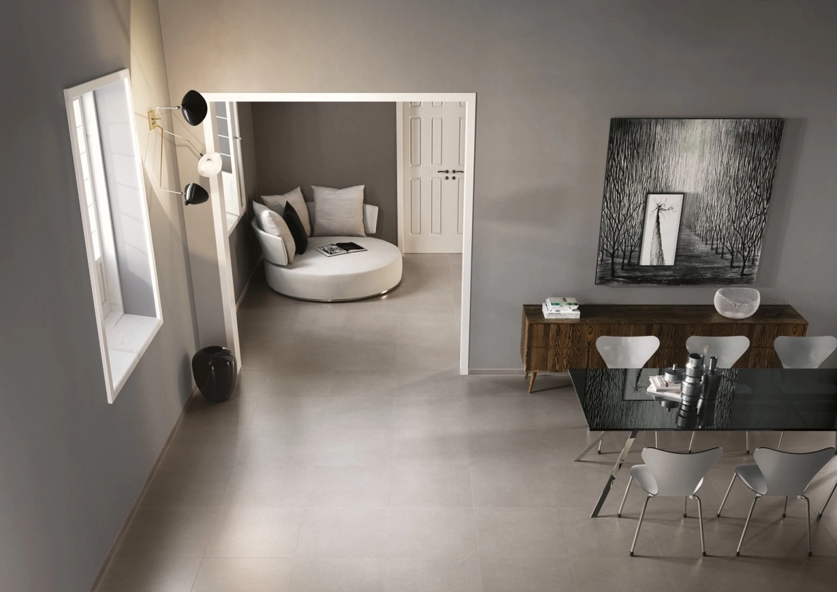 Gres Marazzi PROGRESS efekt beton - aranzacja w nowoczesnym salonie