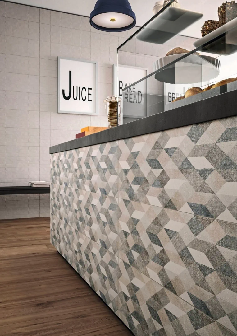 Gres Marazzi CHALK efekt beton - aranzacja w przestronnym holu