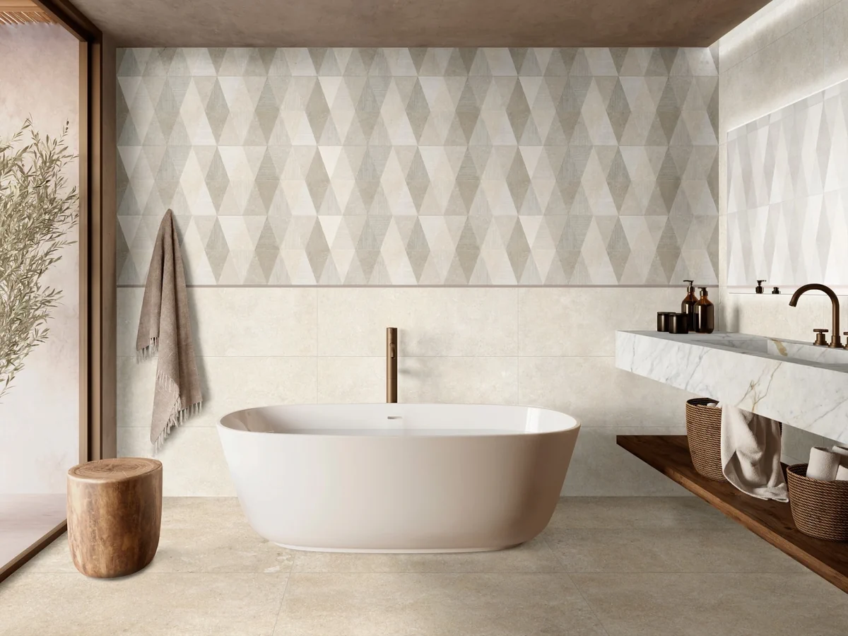 Gres Marazzi LIMESTONE WALL efekt beton - aranzacja w nowoczesnym salonie